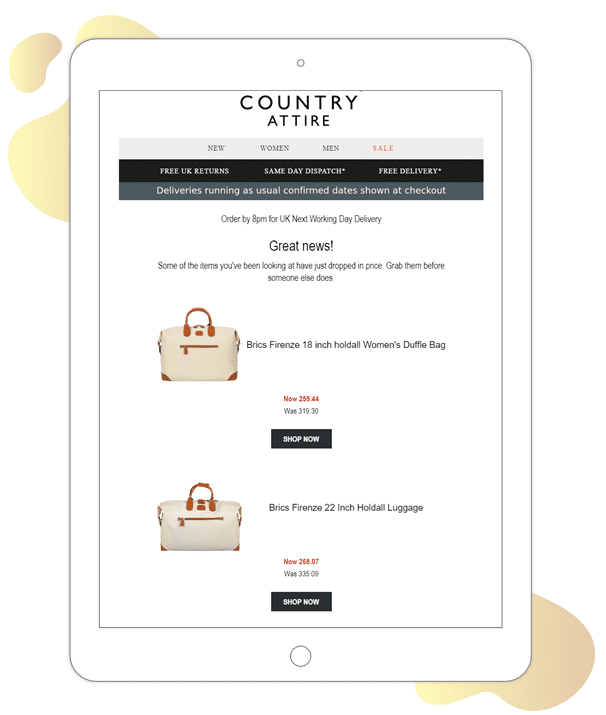 Country Attire price drop email example