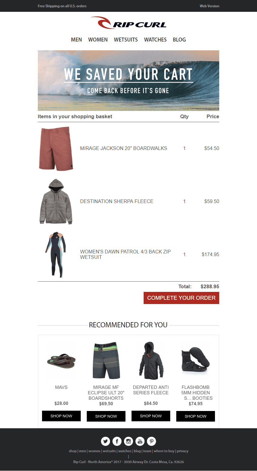 Rip Curl cart abandonment email