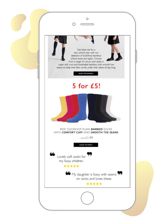 Sock Shop back-to-school email with ratings and reviews
