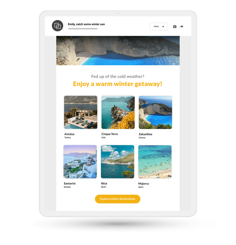 Marketing email promoting sunny locations