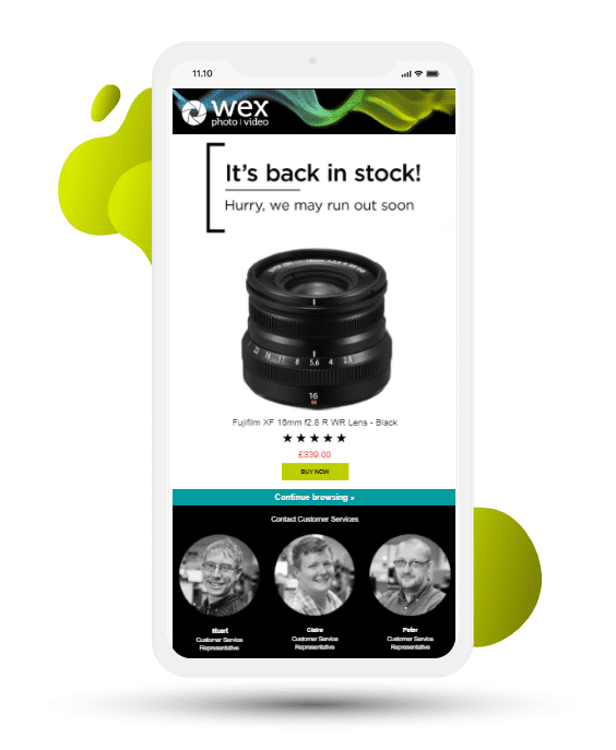 Wex Photo Video back-in-stock email example