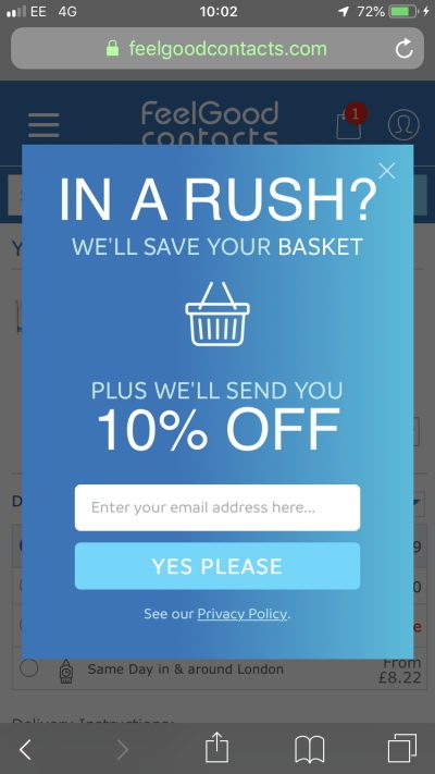 Shopping cart abandonment popover with email data capture and discount incentive