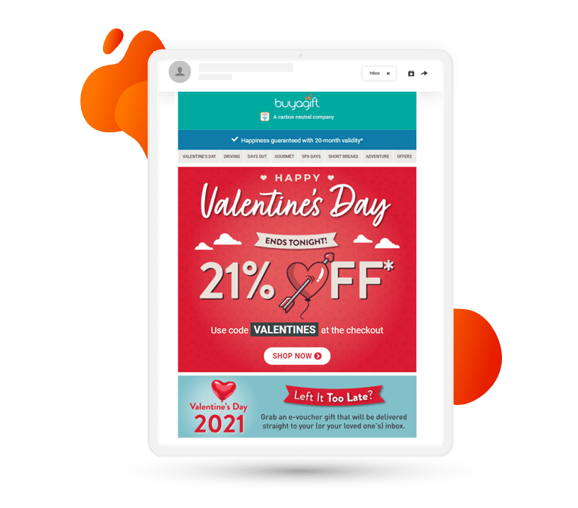 Buyagift Valentine's Day email with 'it's not too late' banner