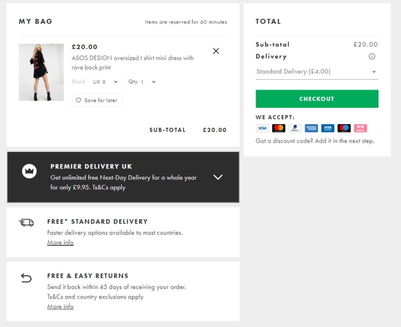 Transparent payment and shipping options on the cart page reduce shopping abandonment