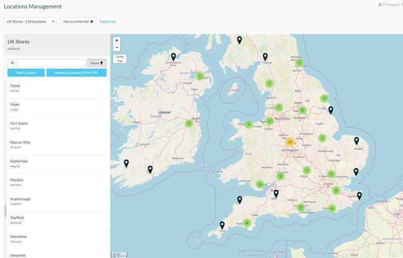 Set locations based on geofencing, post code, zip code, or proximity to a location