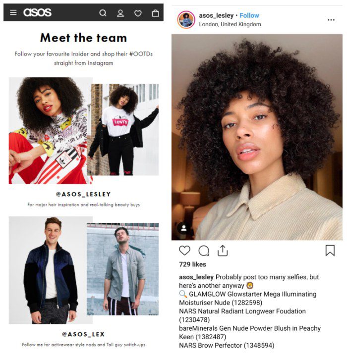 Influencer marketing example on website and instagram, from ASOS