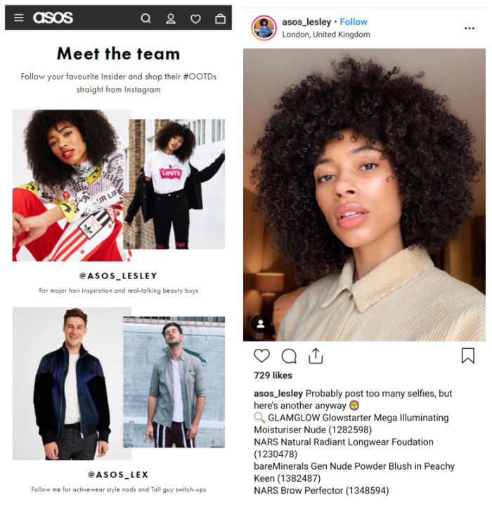 Influencer marketing example on website and instagram, from ASOS