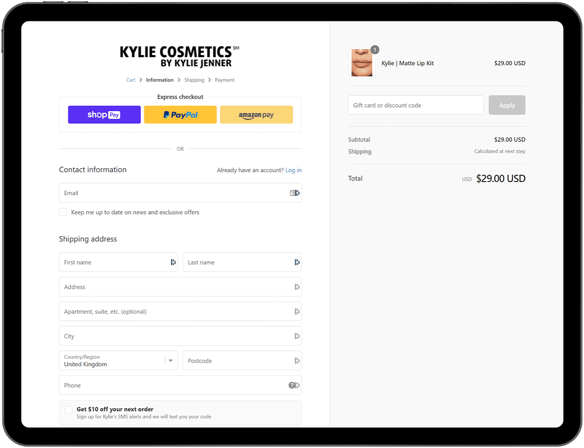 Kylie Cosmetics multiple payment options example