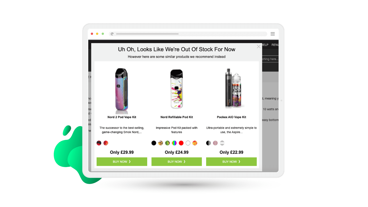 Vapouriz product recommendations on out of stock page
