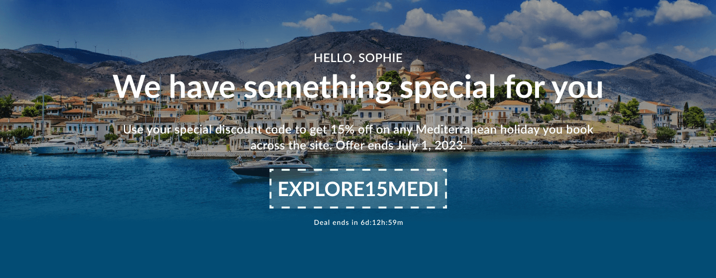 Banner with code for a unique 15% discount. The header says 'Hello, Sophie, we have something special for you'.