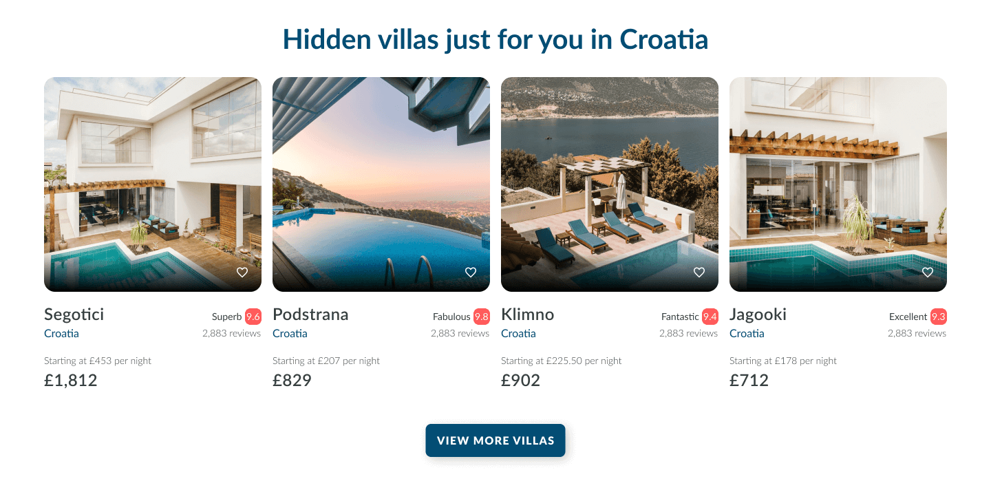 Recommendations for villas in Croatia with a header that says 'Hidden villas just for you in Croatia'.