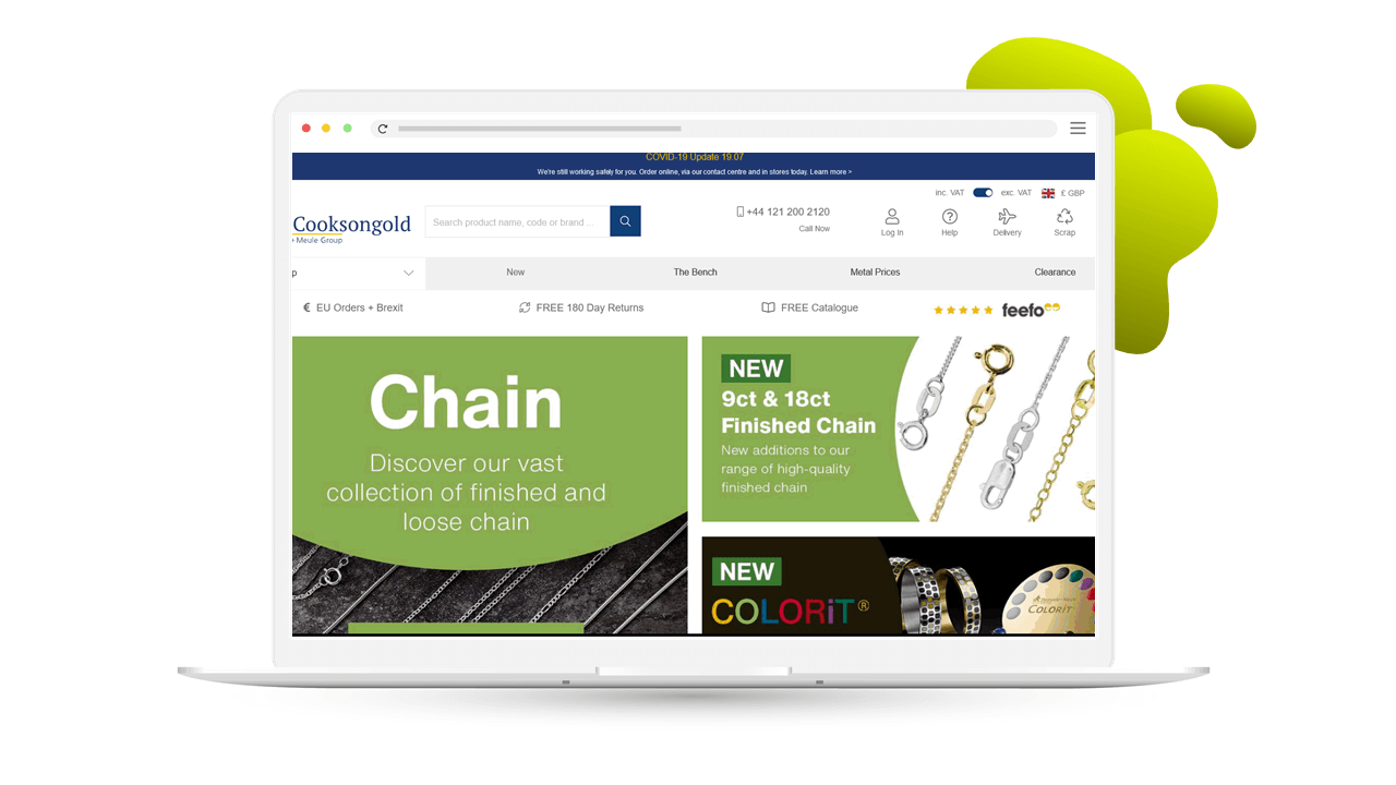 Cooksongold homepage with information about EU orders and Brexit