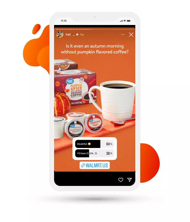 Screenshot of Walmart Instagram story featured pumpkin spice latte coffee products