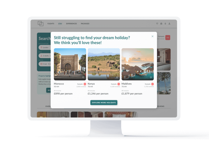 Website popover with recommendations for popular vacations.